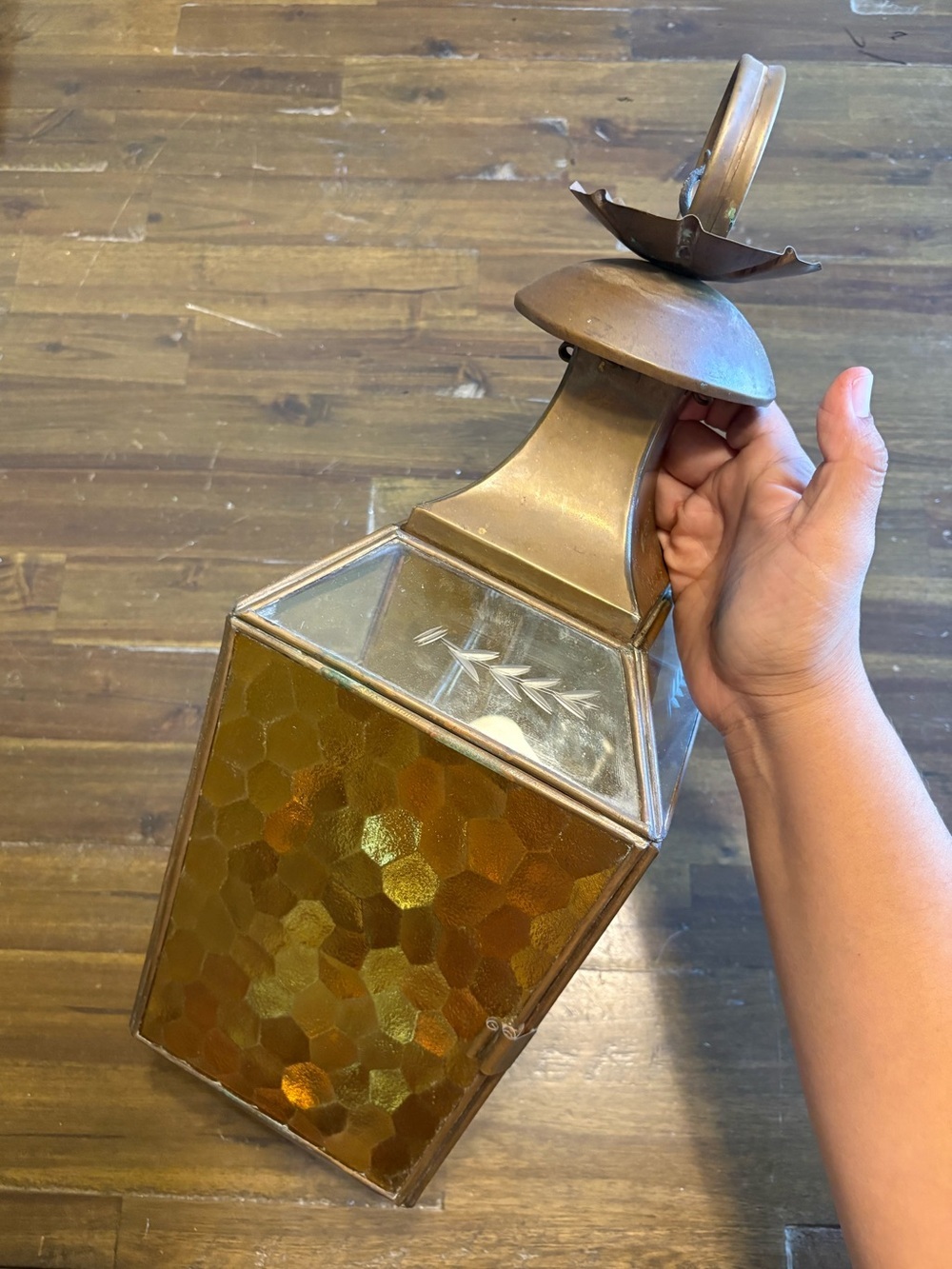 Vintage Turkish Brass Shepherds Oil Lamp Lantern Etched Glass Amber Honeycomb